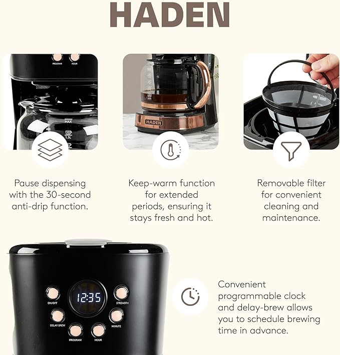 Haden Dorset 2 Slice Wide Slot Stainless Steel Toaster Bundled with 12 Cup Programmable Drip Coffee Maker Coffee Machine Black &amp Copper