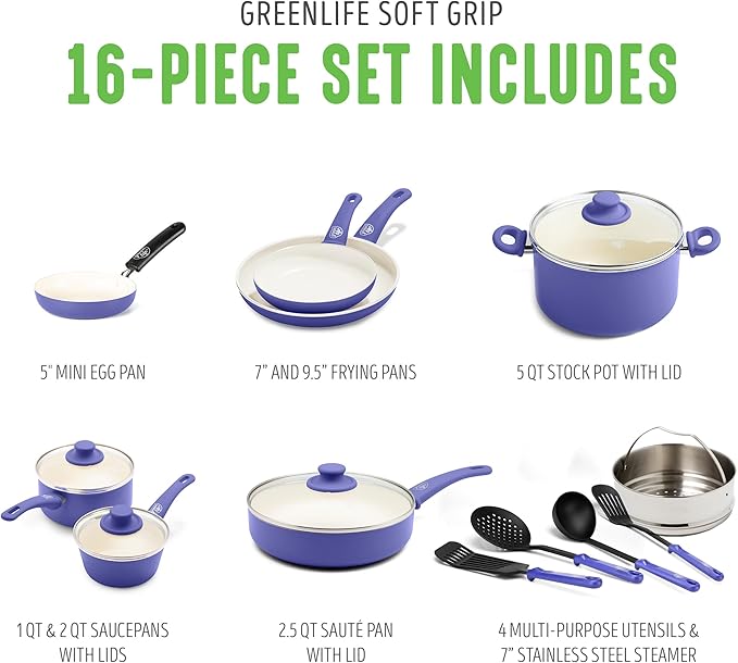 GreenLife 16 Piece Nonstick Cookware Set Soft Grip Non-Toxic PFAS-Free Ceramic Pots &amp Pans Dishwasher &amp Oven Safe Frying Sauce Utensils Glass Lids Stay-Cool Handles Wobble Free Periwi