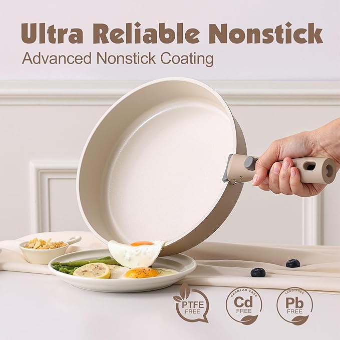 SENSARTE 17 Piece Ceramic Pots and Pans Set Nonstick Detachable Handle Cookware Induction Kitchen Cookware Set with Removable Handle Dishwasher ＆ Oven Safe (Almond Beige)
