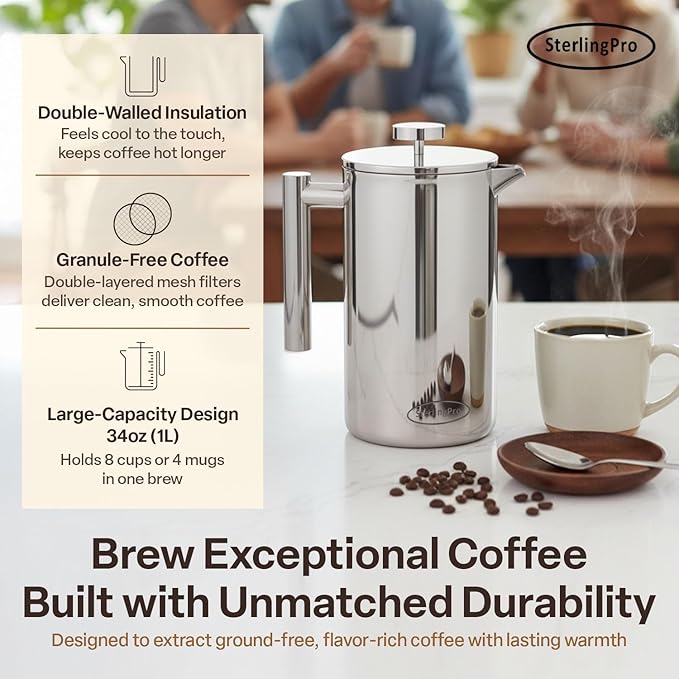 Stainless Steel French Press Coffee Maker 1 L (34 oz) Mirror – Double Walled Insulated Large Coffee Press Durable Design Keeps Drinks Hot Easy to Use and Clean for Rich Flavor Brewing