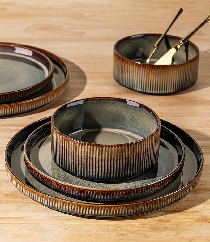 TheTerra Ceramic Dinnerware Sets for 8 24 Pieces Porcelain Lightweight Speckled Plates and Bowls Sets Scratch Resistant Dish Set Oven &amp Microwave &amp Dishwasher Safe Coca Mocha