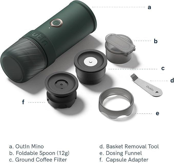 OutIn Mino Portable Electric Espresso Machine Mini Camping Coffee Maker for Travel Pocket Sized Coffee Machine Self-Heating Ground Coffee &amp NS Capsule Adapter For Adventure