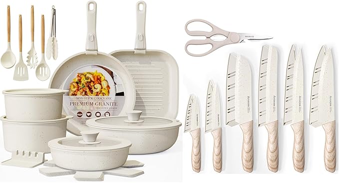 Astercook 23 Pcs Pots and Pans Set Non Stick with 13 Pieces Kitchen Knives Set