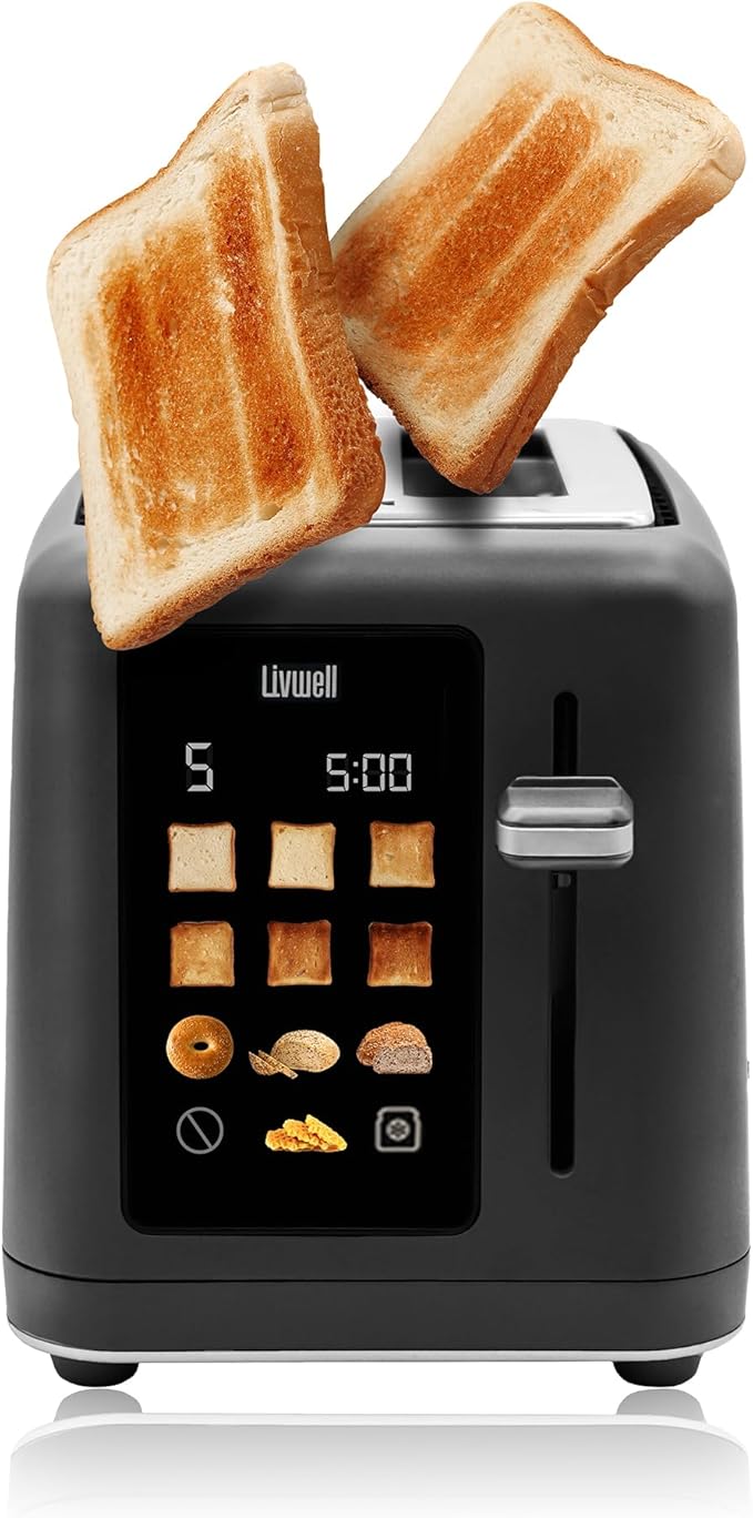 Livwell Matte 2-Slice Smart Touch Toaster with Color Screen Display - Kitchen Gifts - 6 Browning Levels Timer Countdown Adjustable Settings for Bagels Gluten-Free &amp Multigrain Bread (Matte Blac