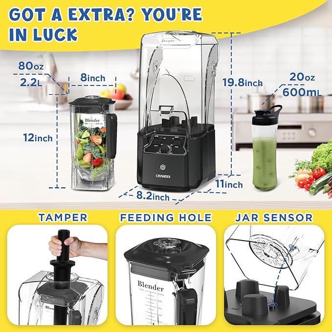 CRANDDI Quiet Commercial Blender with Soundproof Shield 2200 Watt Professional Blenders for Kitchen with 80oz Pitcher and Self-Cleaning High-Speed Blenders K90 Grey