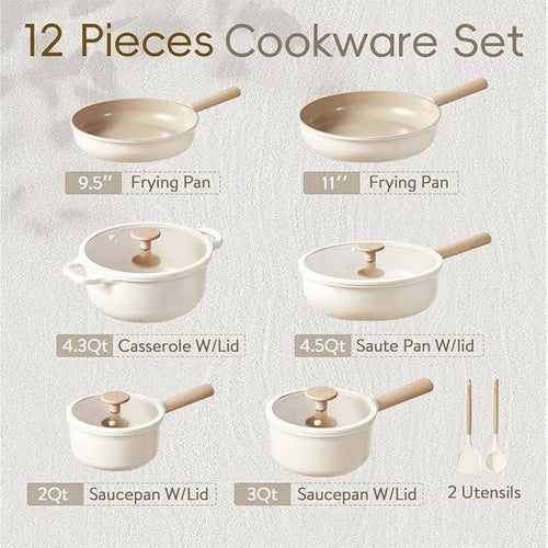 12 Pcs Pots and Pans Set Nonstick Cookware Sets Healthy Induction Kitchen Granite Cooking Set W/Frying Pans SaucepanCream12 Pc