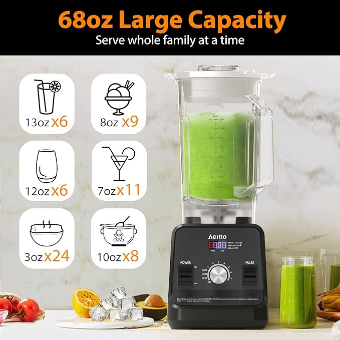 Aeitto Blender Blenders for Kitchen with 1500-Watt Motor 68 Oz Large Capacity Professional Countertop Blenders for Ice Crush Frozen Drinks Black