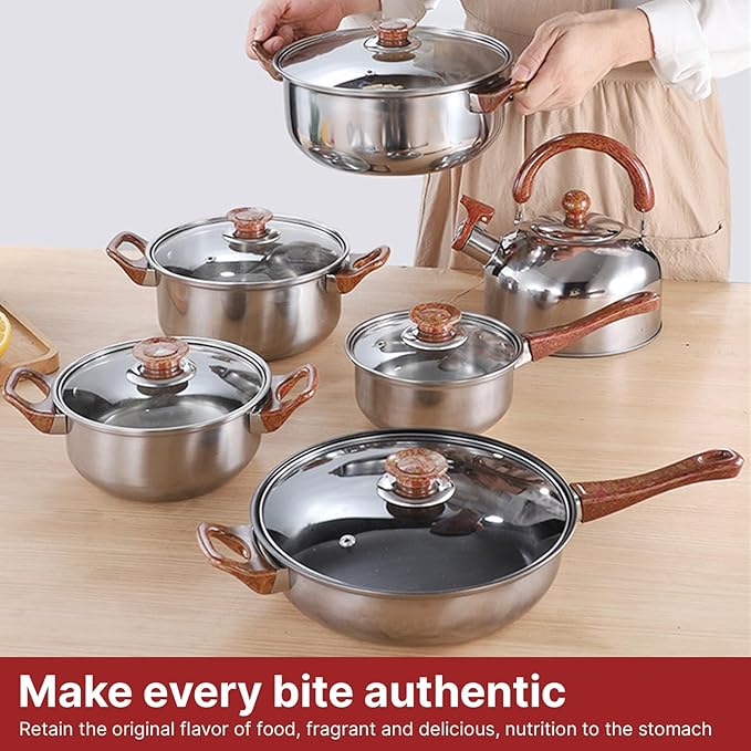 12Pcs Pots and Pans Set Nonstick Stainless Steel Cookware Set with Lids 3L Kettle Induction Compatible Dishwasher Safe PFOS PFOA for Home Kitchen Cooking Silver