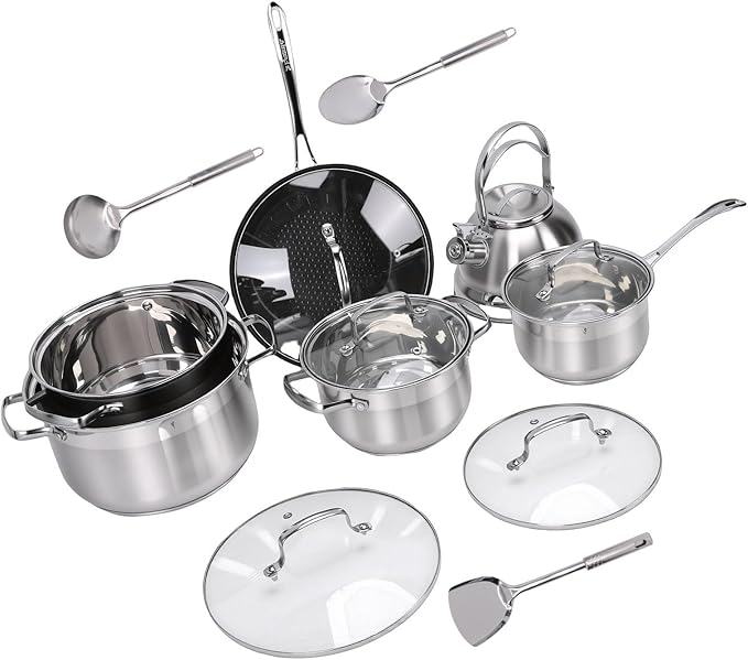 Zerodis Induction Cooker Pot Kit Cookware Sets Cookware Set Premium Flat Bottom Pots Heat Handles Kits with Kettle Spatula Spoon for Kitchen Cooking Induction Cooker Pot Kit