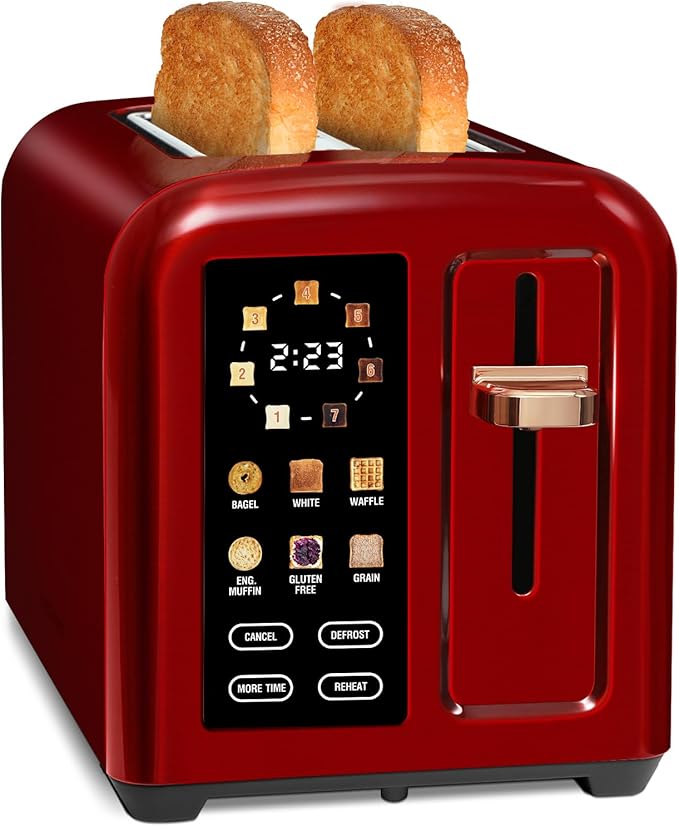 SEEDEEM Toaster 2 Slice Touch Control Stainless Toaster LCD Display 50% Faster Heating Speed 1.4'' Wide Slots More Timer Functions Removable Crumb Tray 1350W Dark Cherry