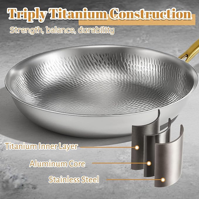 LemonRoad 2 Pieces Titanium Cookware Set 11'' and 9.45'' Pots and Pans with Lids Triply Titanium No Coat Technology Safe for Oven Induction and Cook Tops Dishwasher Safe (Pan and Soup Pot)