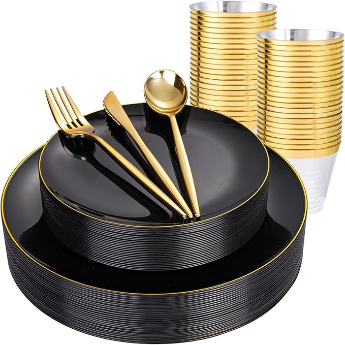 bUCLA 150PCS Black and Gold Plastic Plates - Black Gold Plastic Dinnerware Set Disposable - Include 25 Dinner / 25 Dessert Plates 25 Knives 25 Forks 25 Spoons 25 Cups Ideal for Party &amp Birthd