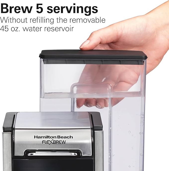 Hamilton Beach FlexBrew Advanced 4-in-1 Single Serve Hot &amp Iced Coffee Maker with Removable 45 oz. Water Reservoir Use Pod Packs and Grounds Fast Brewing LED Touchscreen Black (49925)