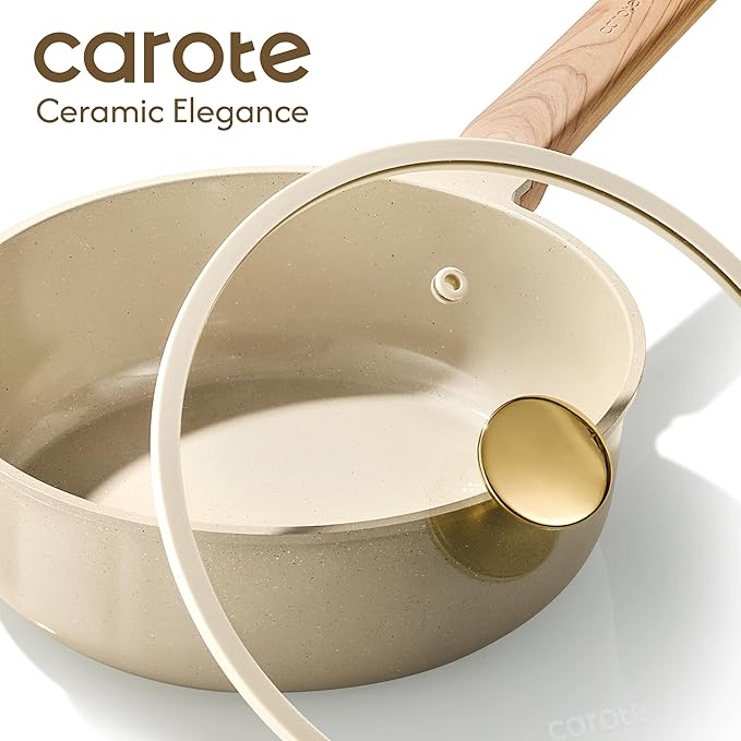 CAROTE 14Pcs Pots and Pans Set Non stick Ceramic Cookware Set Non-toxic Kitchen Cooking Set PFAS and PFOA Free