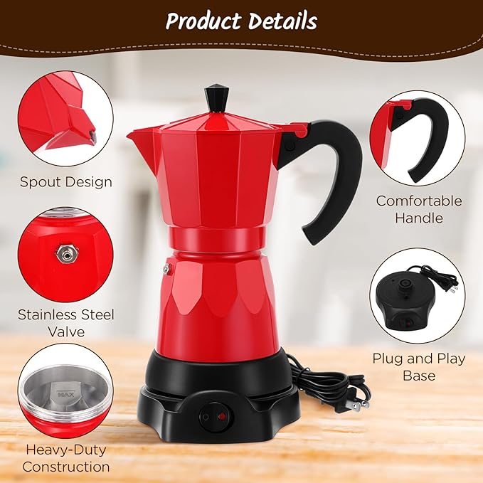Coffee Pot 6 Cup Electric Espresso Coffee Maker Italian Moka Maker 300ml Portable Aluminum Espresso Machine Cafetera Moka Pot with Detachable Base Gift for Home Travel(Red)