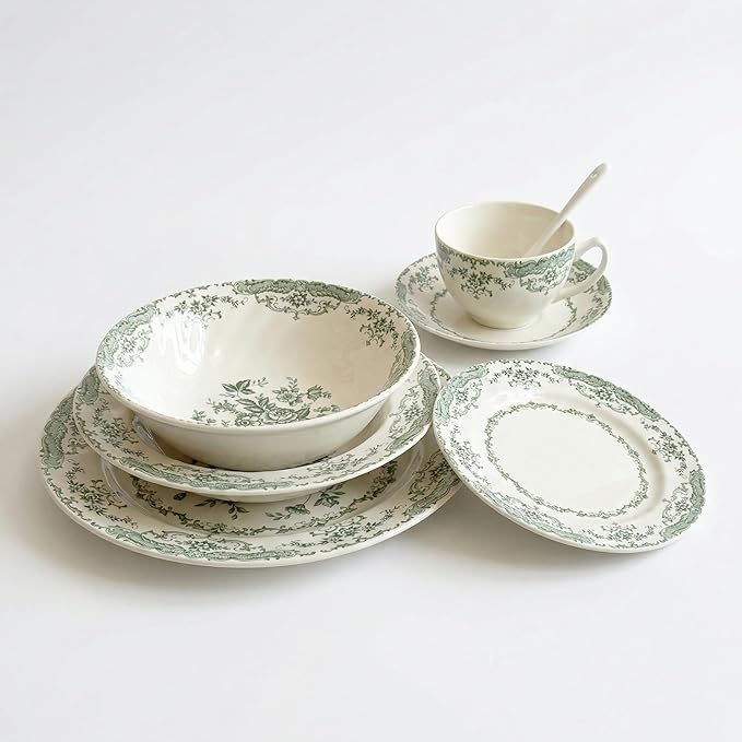Vintage Floral Porcelain Dinnerware Set for 4 20-Piece Country Cottage Style Plates &amp Cup Saucers Set Hand-Painted Green Botanicals Wavy Edge Dishwasher Microwave Safe