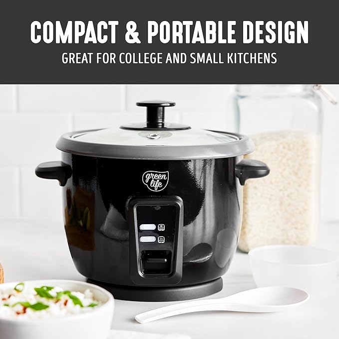 GreenLife Rice Cooker with Removable PFAS-Free Ceramic Nonstick Pot 3-Cups Uncooked/6-Cups Cooked Grains &amp Oatmeal Multicooker Compact One-Switch Design Auto Keep Warm Easy Clean Black