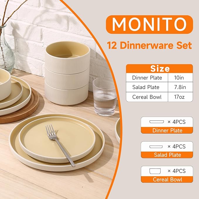 MONITO Ceramic Dinnerware Sets for 4 12PCS Stoneware Plates and Bowls Sets Reactive Glaze Dish Set Chip and Scratch Resistant Double Microwave and Dishwasher Safe White Orange