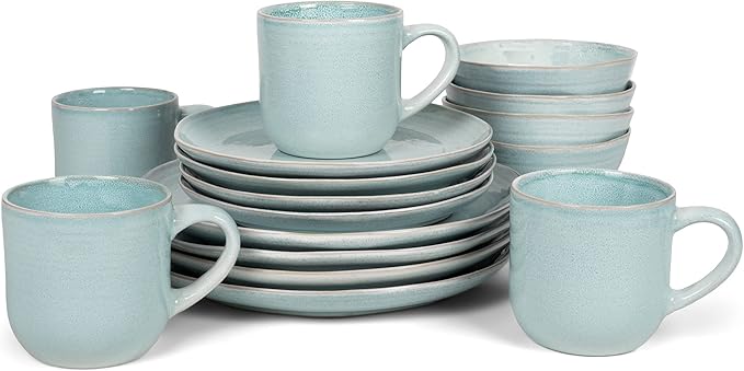 Elanze Designs Reactive Glaze Farmhouse Rustic Boho Ceramic Stoneware Dinnerware 16 Piece Plate Bowl Mug Dish Set - Service for 4 Ice Blue