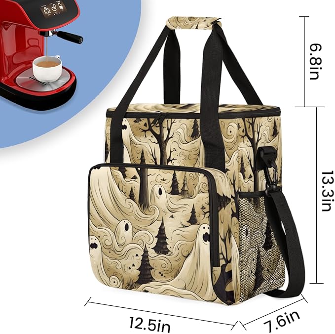 Magical Halloween Ghosts Coffee Maker Carrying Bag Travel Storage Bag Compatible with K-Mini or K-Mini Plus Single Serve Coffee Brewer Carrying Case with Multiple Pockets &amp Shoulder Strap