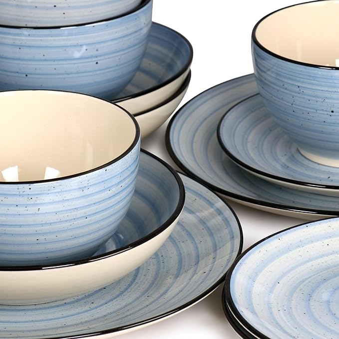 24-Piece Stoneware Dinnerware Set – Round Two-Tone Hand-Painted Dishes with Swirl Design Service for 6 Microwave &amp Dishwasher Safe Tableware (Light Blue)