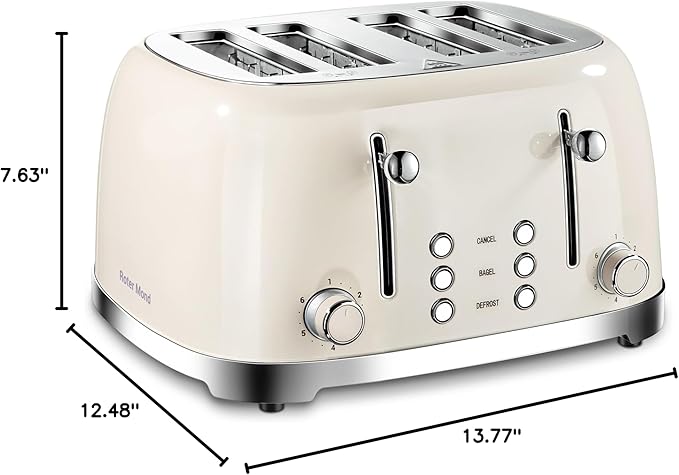 4 Slice Toaster Roter Mond Retro Stainless Steel with Bagel Defrost Cancel Function 6 Browning Settings Extre Wide Slot and Removable Crumb Tray Cream ST033