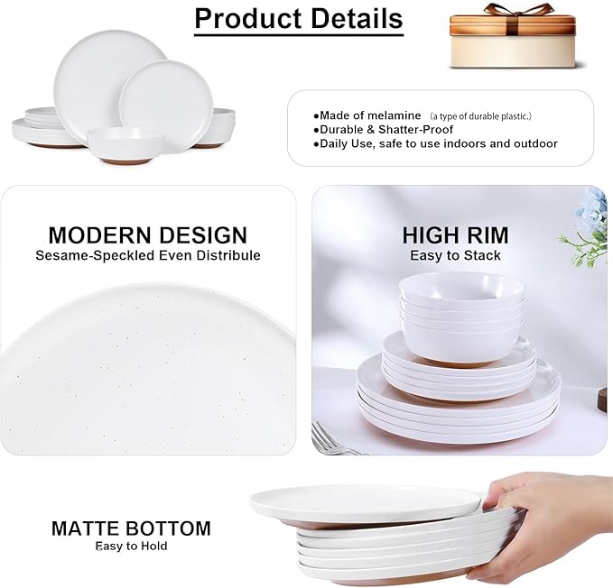 Webbylee 12-Piece Melamine Dinnerware Set for 4 – Unbreakable Plates &amp Bowls BPA-Free Lightweight Two-Tone White &amp Brown Ideal for Family Meals Camping Picnic Parties