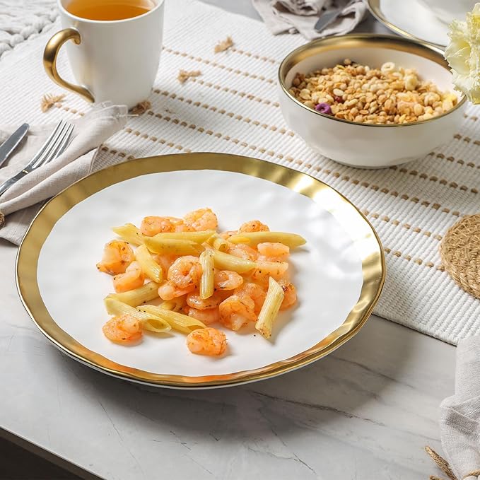 Vicrays 12-Piece Ceramic Dinnerware Set Dinner Plates Salad Plates &amp Cereal Bowls Dish Set for 4 Microwave Oven &amp Dishwasher Safe Scratch Resistant White with Golden