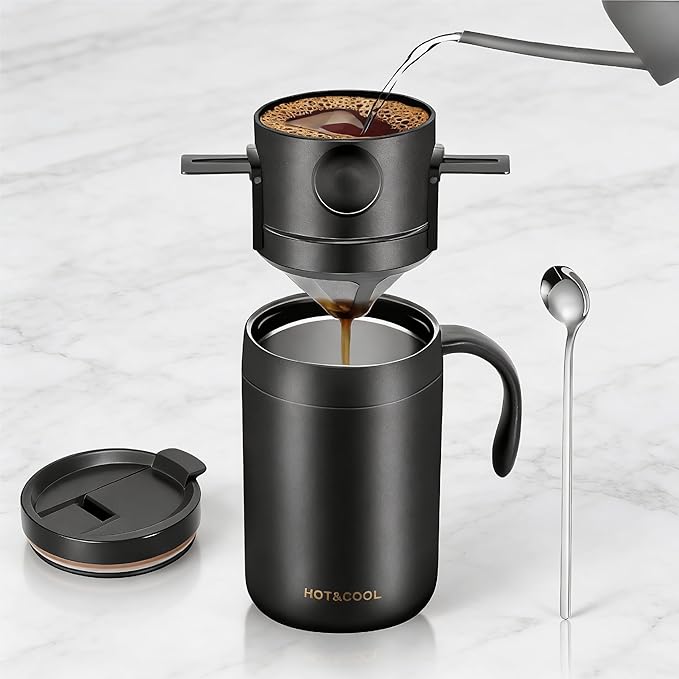 Pour Over Coffee Maker Set 16oz Stainless Steel Insulated Mug Foldable Filter for Camping Travel Office (Black)