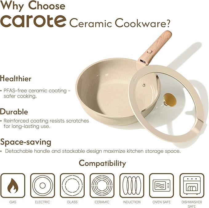 CAROTE 25PCS Ceramic Cookware Set Pots and Pans set Non Stick RV Kitchen Cooking Set Removable Handles Oven Safe Induction Cookware Non-toxic Kitchen Cooking Set PFAS and PFOA Free