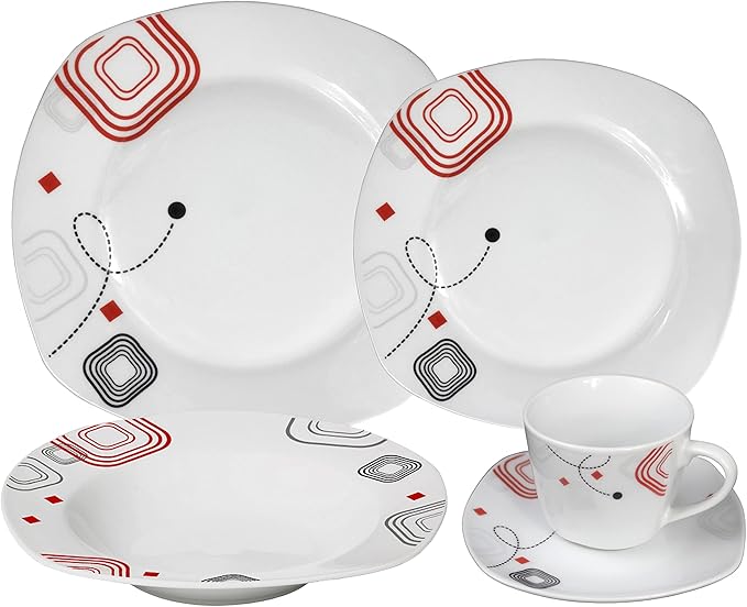 Stylish and Elegant 20 Pieces Porcelain Square Dinnerware Set Service for 4 People for Hosting Parties and Events - Fun Geometrical Theme Design