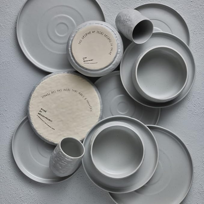 Stone by Mercer Project SHOSAI 32-Piece Stoneware Dinnerware Set Plates and Bowls Set Modern Dishware set fo 8 Grey Speckled