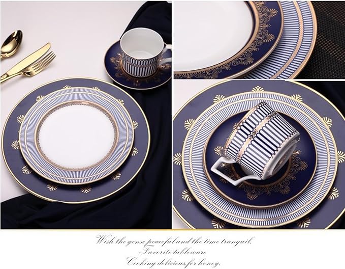 European Style Dinnerware Set Service for 4 Bone China Dinnerware Sets Unbreakable Porcelain Dinner Sets Coffee Cup and Saucer Tableware Set Steak Dinner Plates Dish Set Blue Gold