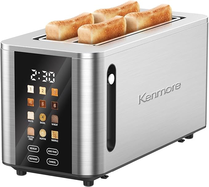 Kenmore 4-Slice Long Slot Toaster - Color Touch Screen &amp 6 Shade Settings Extra Wide Slots Digital Timer Customizable Smart Presets Reheat Defrost Add Time Functions Stainless Steel