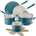 Rachael Ray Cucina Ceramic Nonstick Pots and Pans Set with Saucepans Frying Pans Stockpot Lids and Pan Protectors 10 Piece Non Stick Cookware Set Dishwasher Safe - Marine Blue