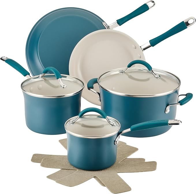 Rachael Ray Cucina Ceramic Nonstick Pots and Pans Set with Saucepans Frying Pans Stockpot Lids and Pan Protectors 10 Piece Non Stick Cookware Set Dishwasher Safe - Marine Blue