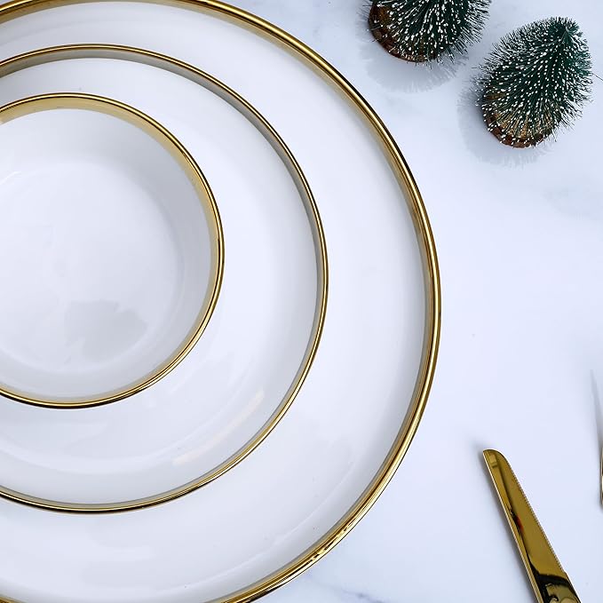 Premium Dinnerware Set 12-Piece with Gold Rim Service for 4White Bone China Porcelain Plates &amp Bowls Chip Resistant Oven &amp Dishwasher Safe for Fine Dining Set