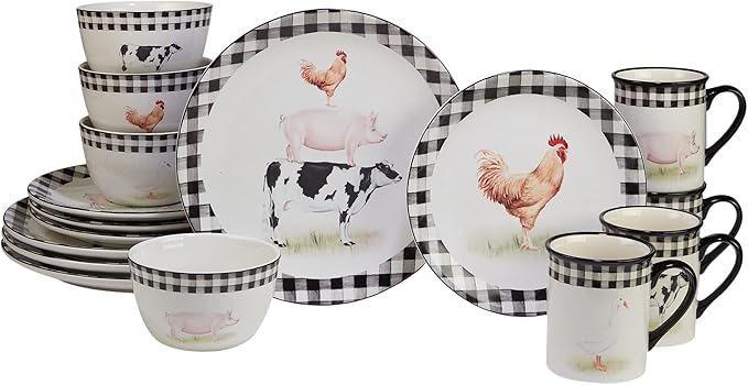 On the Farm 16-Piece Dinnerware Set – Country Farmhouse Plates Bowls &amp Mugs for 4 – Ceramic Dinnerware Featuring Cow Pig Rooster Duck &amp Gingham Design – Rustic Kitchen Tableware