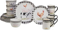On the Farm 16-Piece Dinnerware Set – Country Farmhouse Plates Bowls &amp Mugs for 4 – Ceramic Dinnerware Featuring Cow Pig Rooster Duck &amp Gingham Design – Rustic Kitchen Tableware