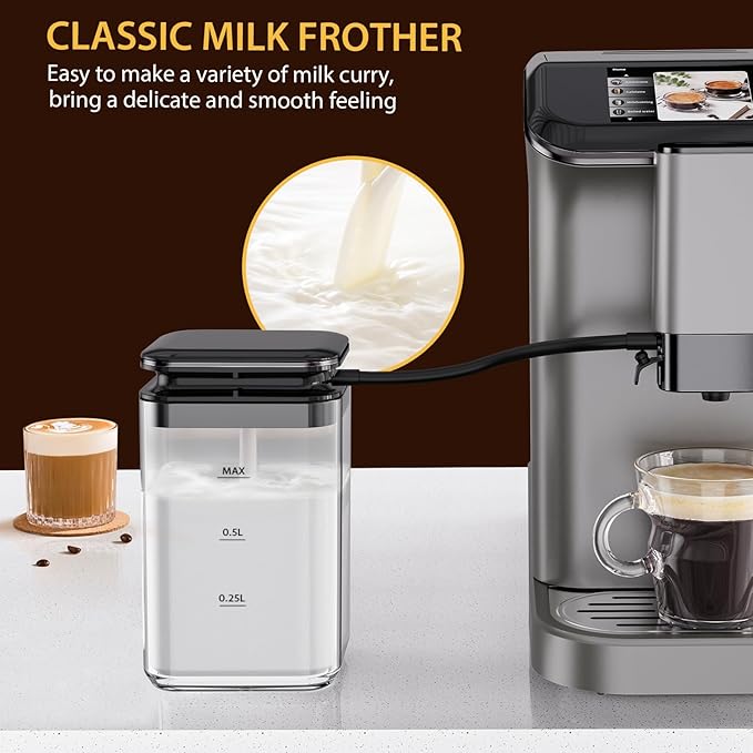 Espresso Maker with Milk Frother - Fully Automatic 4-Beverage Options Built-In Grinder Intuitive Touch Display and Sleek Finish Gold
