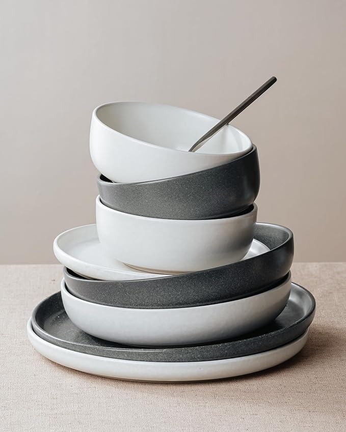 Famiware Milkyway Plates and Bowls Sets 12 Pieces Dinnerware Sets Reactive Glaze Dish Set Stoneware Dishes Set for 4 Matte Beige White &amp Matte Dark Charcoal