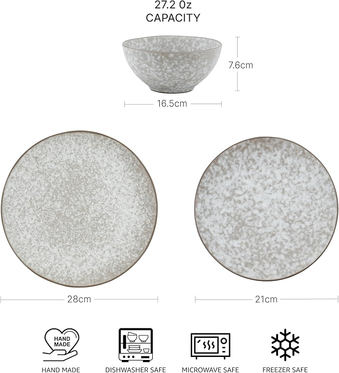 Mimola Ceramic Dinnerware SetsHandmade Reactive Glaze Stoneware Plates and Bowls SetsHighly Chip and Crack Resistant | Dishwasher &amp Microwave Safe Dishes SetService for 4 (12pc) (pure white)