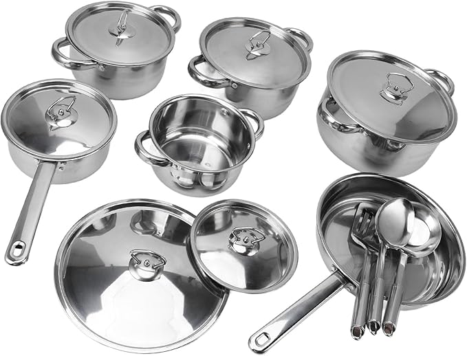 Srliya Stainless Steel Cookware Set with Pots Saute Pans &amp Lids Complete Kitchen Cooking Set for Home Use