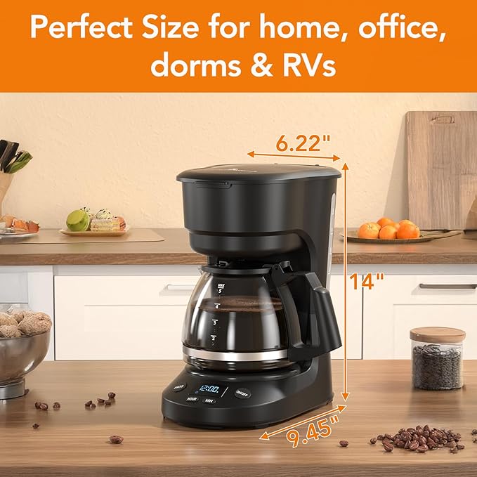5-Cup Programmable Drip Coffee Maker a compact coffee machine with a digital clock and 24-hour programmable timer featuring Auto Shut-Off and a Removable Filter Basket for Home &amp Office.