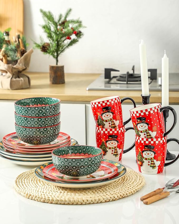Hasense 16 Pcs Christmas Dishes and 42OZ Pasta Bowl Set of 4