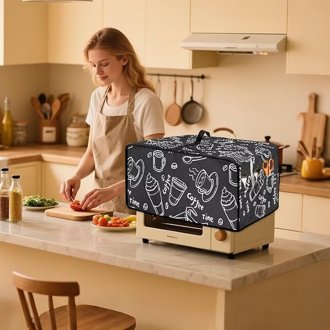 Coffee Graffiti Toaster Oven Cover Heavy Duty Heat-resistant Protective Case Faux Linen Polyester Protector with Handle &amp Pockets for Everyday Home Kitchens