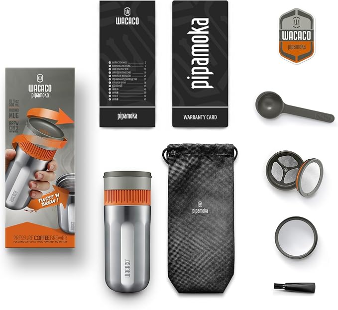 WACACO Pipamoka Portable Coffee Maker Coffee brewer All-in-one Vacuum PressuredInsulated Travel Mug Hand Powered and Filter Pressure Brewer Stainless Steel Thermo Cup 10 fl oz