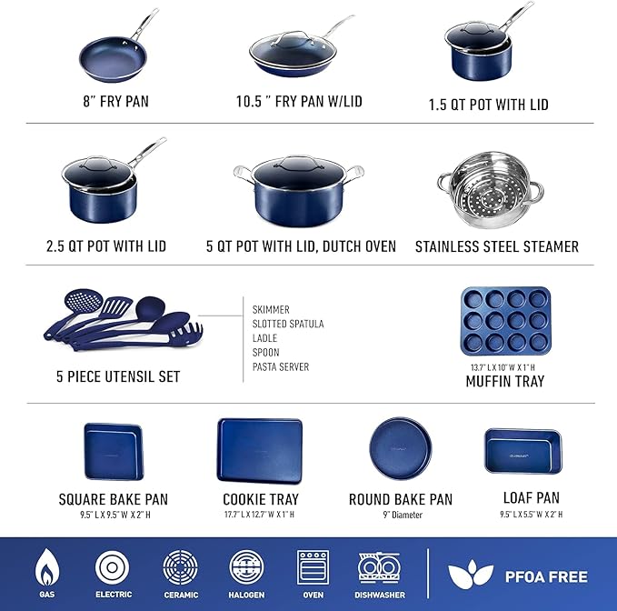 Granitestone 20 Pc Kitchen Pots and Pans Set Non Stick Cookware Set Kitchen Cookware Sets with Cooking Utensils and Bakeware Set Made Without PFOA and PFOS Oven and Dishwasher Safe