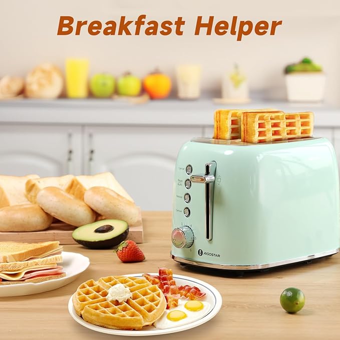 Aigostar Toaster 2 Slice Retro Toaster Stainless Steel 1.6 inch Extra Wide Slots Bread Toaster Bagel Cancel Defrost Function 6 Shade Settings &amp Removable Crumb Tray for Bread Waffle Aqua Gree