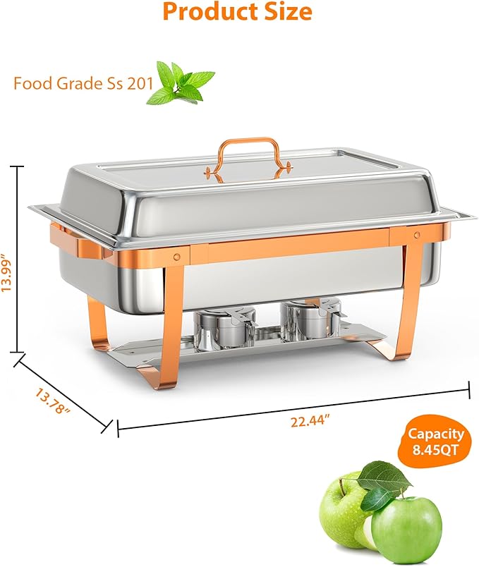 Commercial 8QT Chafing Dish Buffet Set - 2 Pack Rectangular Stainless Steel Food Warmers with Lid Holder Folding Frame Rose Gold Finish for Catering Party Restaurant Use 2-Piece Set